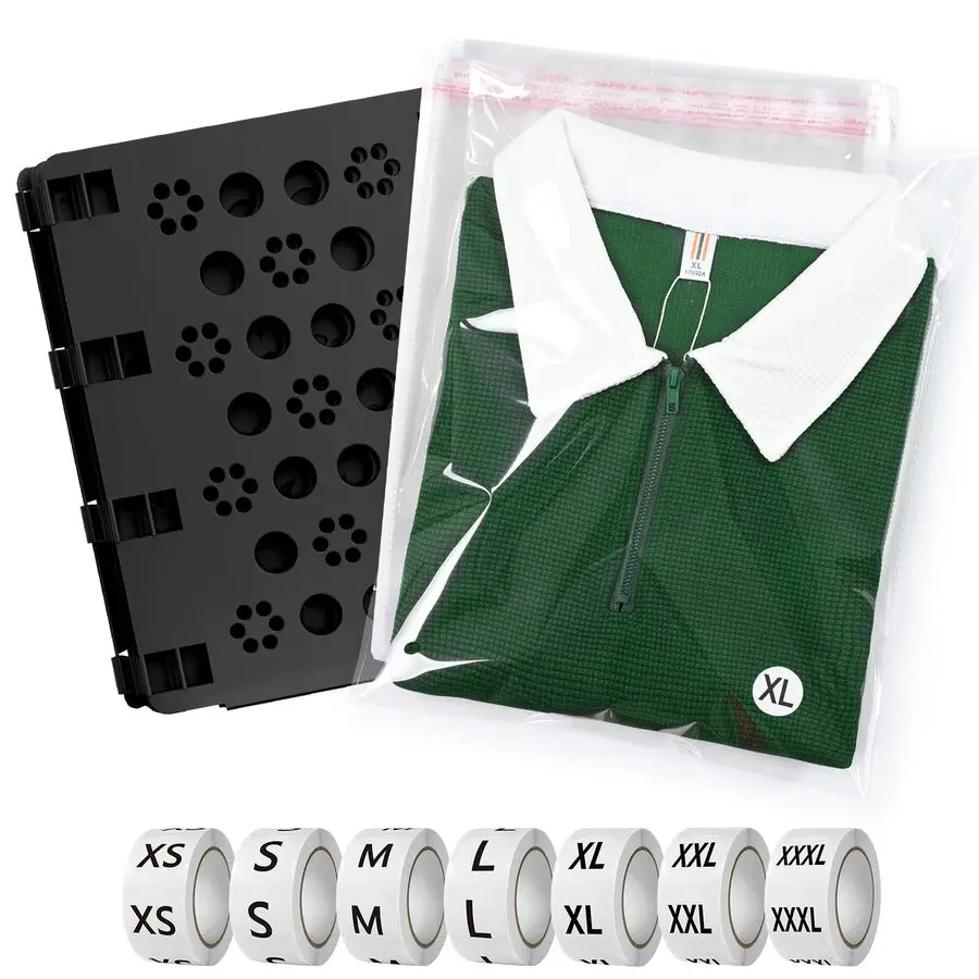 

Shirt Folding Board V3 with 11x14 inches Shirt Bags Pack of 100 and Stickers 7 Sizes 3500 PCS Size Stickers for Clothing Folding
