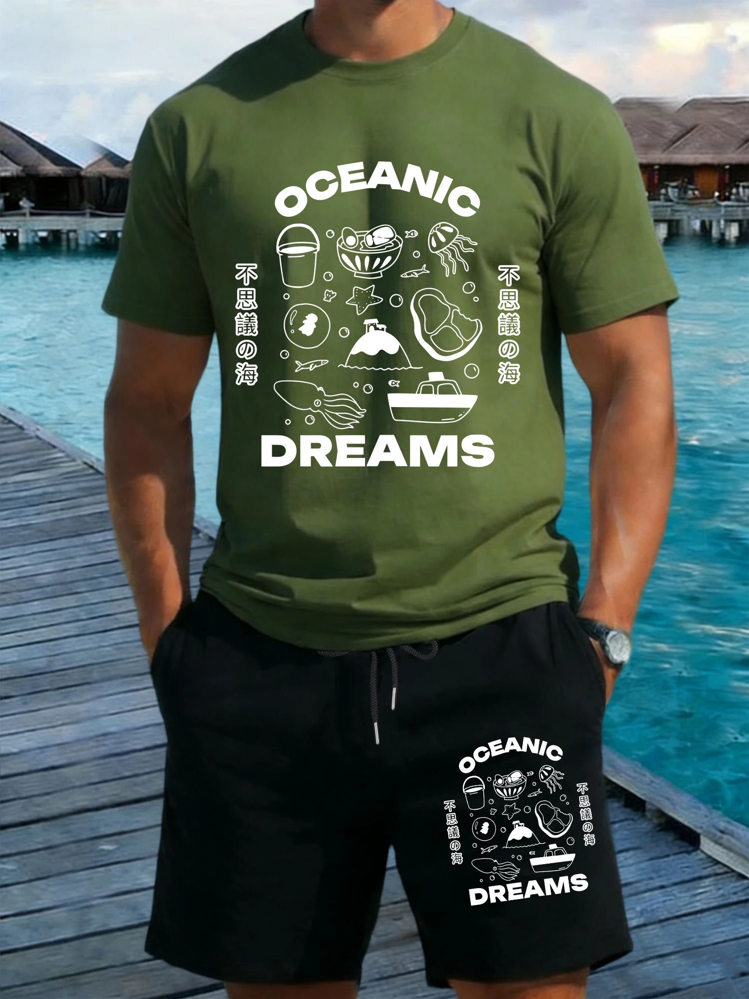 

Mysterious Ocean Dreams Design T Shirt Suits Man Loose Cotton T-Shirts Crewneck Summer Streetwear Pocket Wide-Leg Mens Shorts