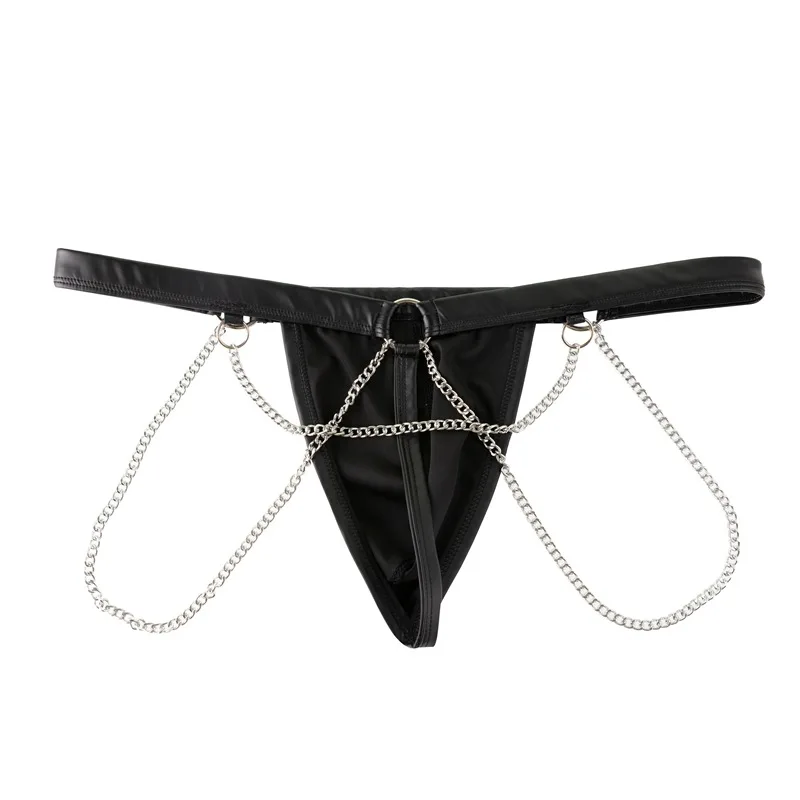 Sexy Gay Underwear Mens Jockstraps Black Faux Leather Panties Man G-string Thongs Lingerie Erotic Penis Chain Ring Underpants