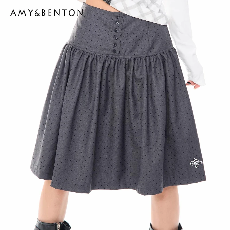 

Корейская дизайнерская женская плиссированная юбка А-силуэта с принтом в горошек, весна 2026, с высокой талией, на пуговицах, до колена