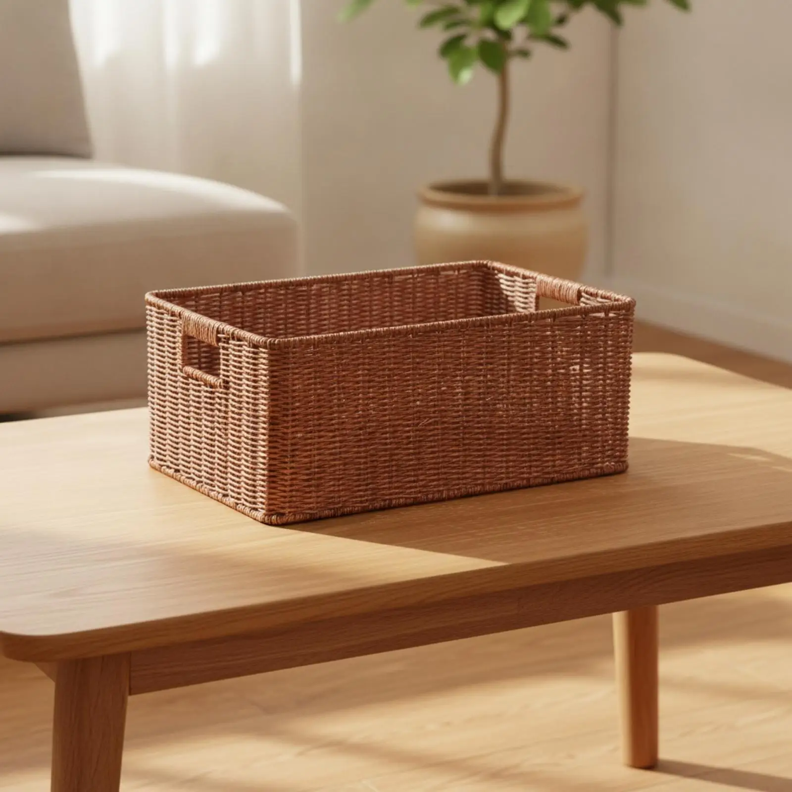 Rattan Style Plastic Storage Basket for Living Room Nursery Cabinet Organization Walnut Finish 43x30x18cm Bin