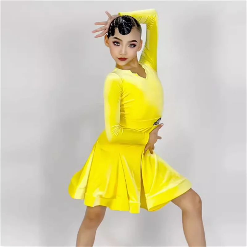 

Kids Velvet Latin Dance Dress For Girls Child Competition Ballroom Tango Salsa Dancewear Practice Dancing Wear Cha Cha v neck