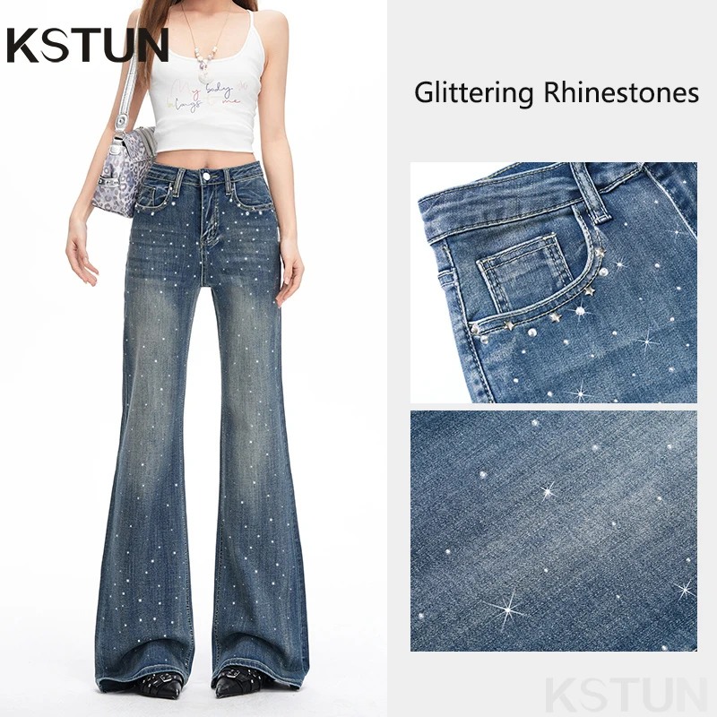 KSTUN 2026 Stretch High-waist Bell-bottom Jeans For Women Elegant Lady Glittering Rhinestone Sequined Female Dragging Pants