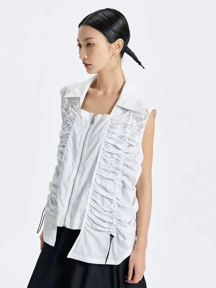 Women Black Drawstring Pleated Big Size Thin Vest New Square Collar Sleeveless Fashion Tide Spring Summer