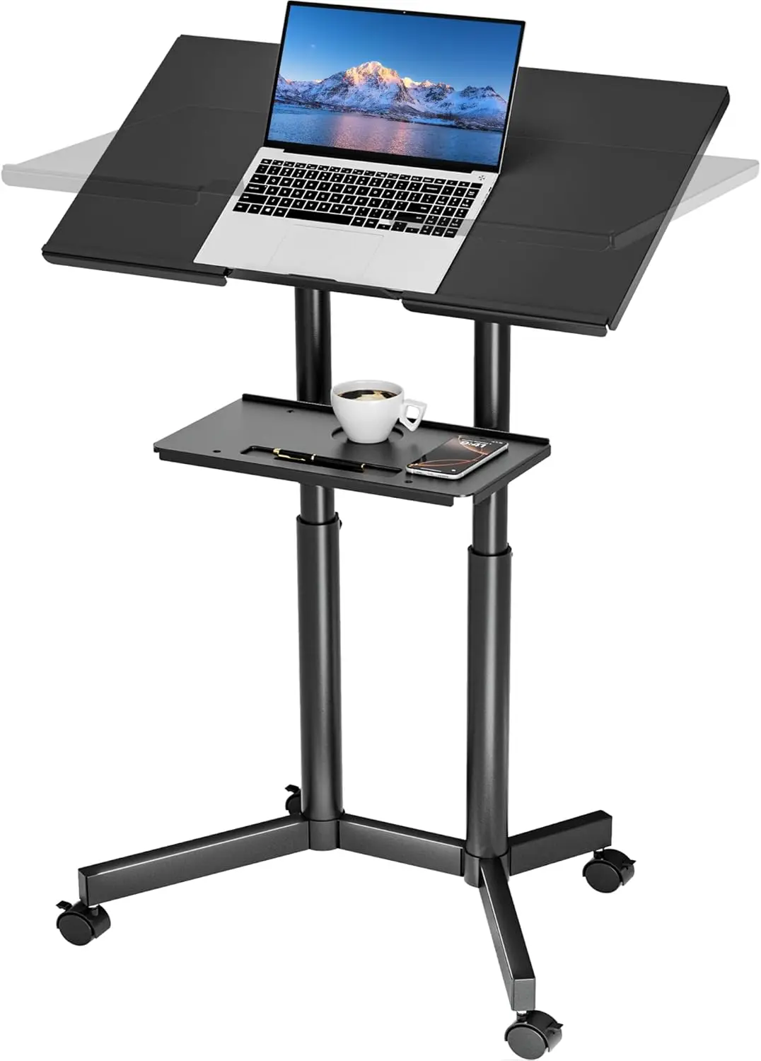 

Mobile Standing Laptop Desk, Height Adjustable Sit Stand, Rolling Lectern Podium with Storage Tray, White