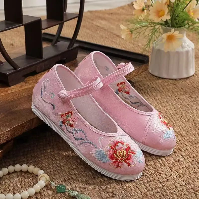 2024 New Women's Chinese Traditional Flat Sole Embroidered Shoes Soft Sole Round Toe Mary Jane Shoes Ethnic Style Hanfu Shoes