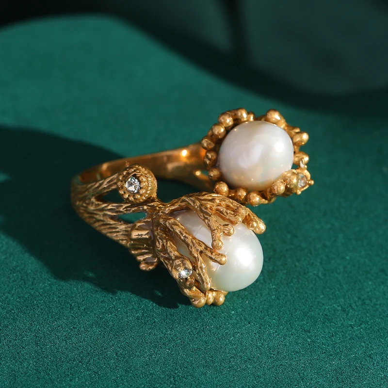 Blue Natural Stone Open Leopard Rings Fashionable Retro Water Drop Copper Gold Color Pearl Flower Wide Edition Finger Jewelry