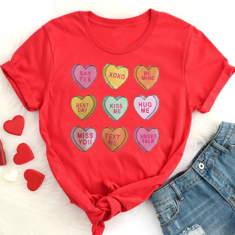 Valentines Conversation Hearts Valentines Groovy Retro Trendy womens V day Sublimation Short Sleeve Top Tees O Neck harajuku