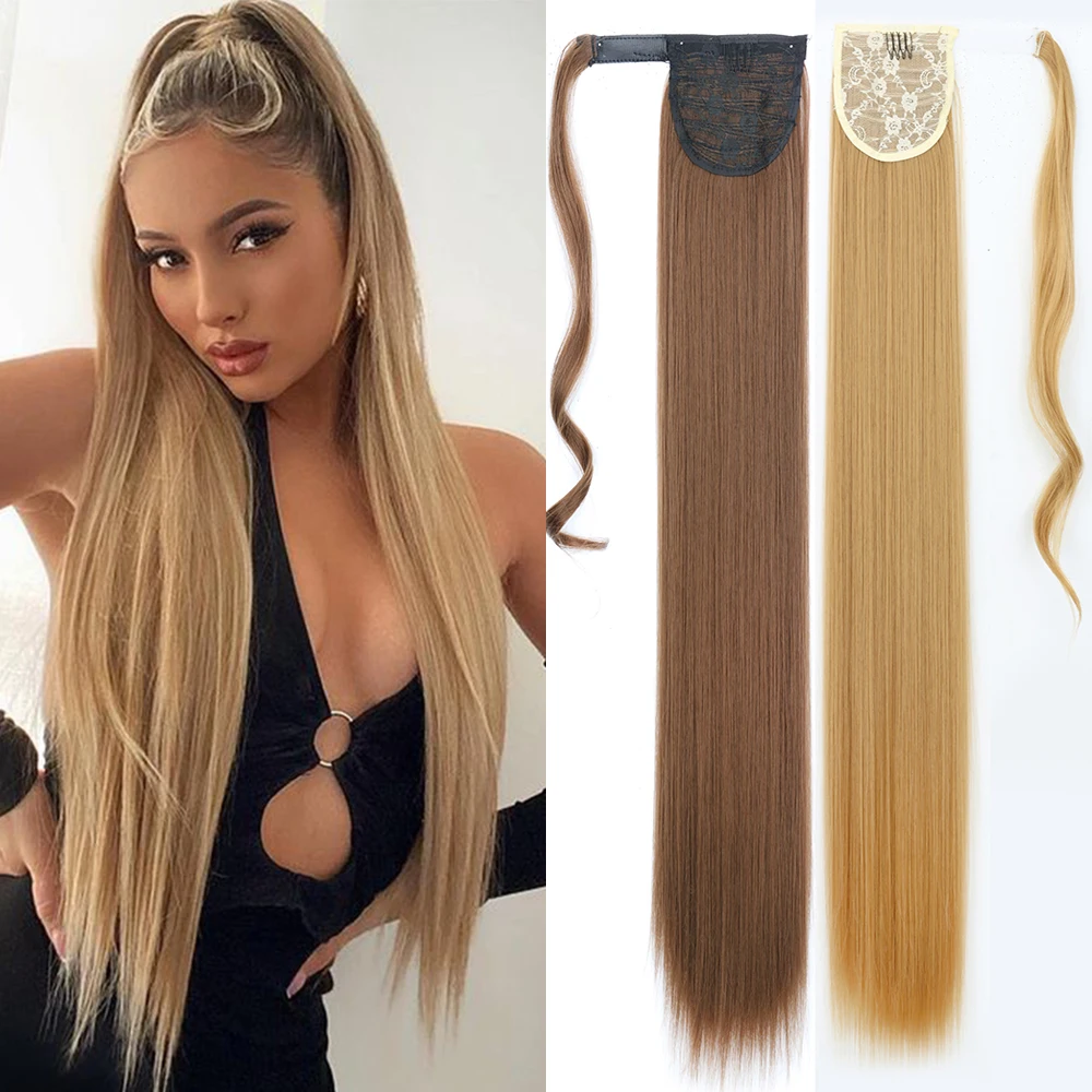 22-34 Inch Long Straight Synthetic Wrap around Ponytail Clip-In Hair Extension Blonde Brown Heat Resistant Hairpiece for Women