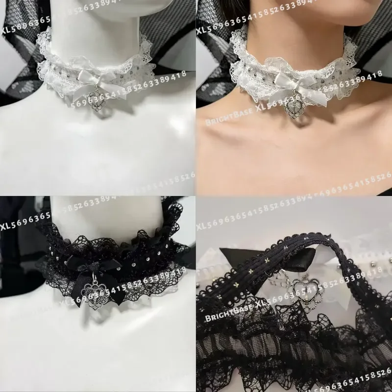 Gothic Black Lace Choker with Bow Cross Heart Pendant Vintage Y2K Elastic Necklace for Girls Punk Lolita Cosplay Collar