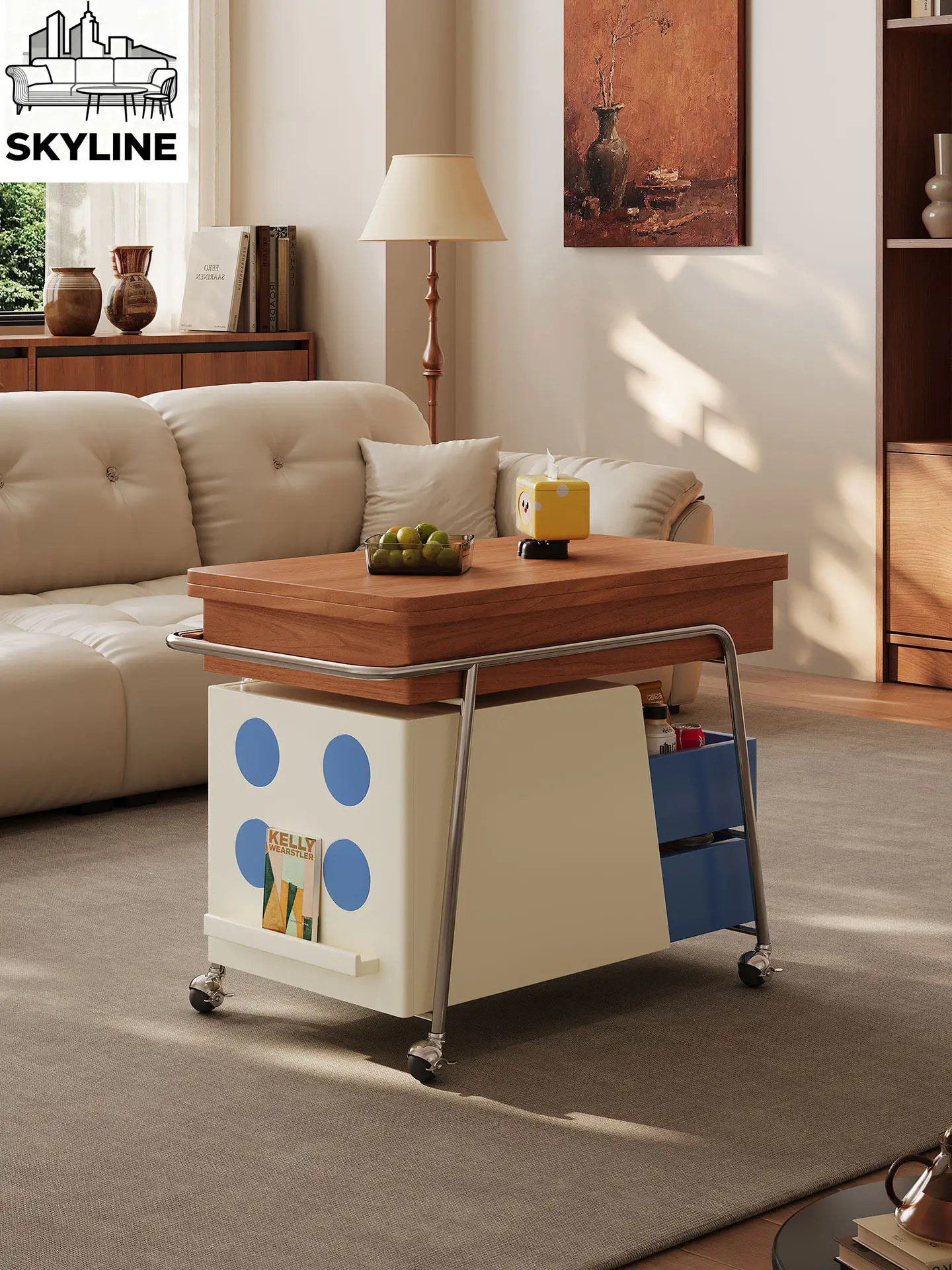Mobile coffee table Home sofa side table Lifting side cabinet Living room Folding dopamine trolley