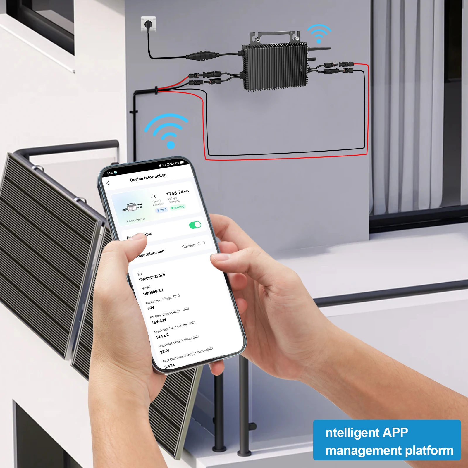 1200W Anti-Rückfluss-Mikro-Wechselrichter, Solar-Wechselrichter mit WLAN, IP67 wasserdicht, Balkon-Kraftwerk, MPPT App-Steuerung Plug & Play – Detail 4