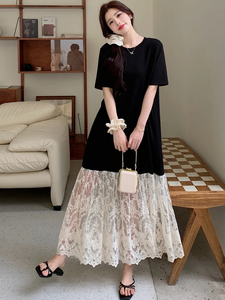 فستان نسائي مقاس كبير مرقع لصيف 2025 فساتين طويلة فضفاضة رداء Elbise بأكمام قصيرة على الطراز الكوري بحاشية منقوشة بالزهور #3