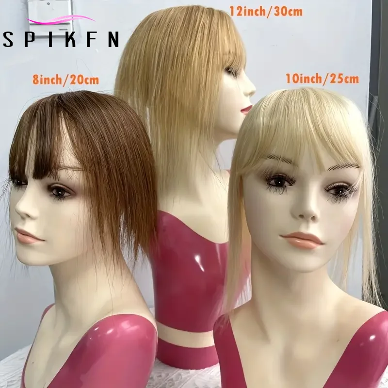 

Topper Hair Piece with Bangs Real Hair Extensions Add Volume 8"-12" Blonde Brown Hair Inject Hair Top Wig Clips In Human Hair