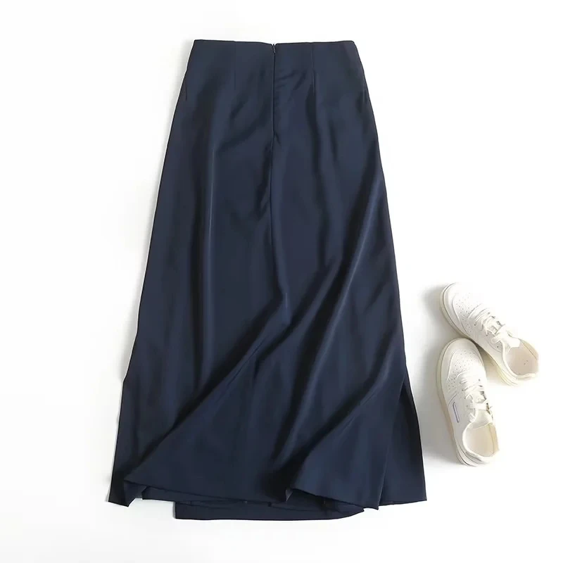 Jenny&Dave 2024 England Style Office Lady Simple Midi Skirt Fashion Navy Pleated Elegant Long Skirts Women