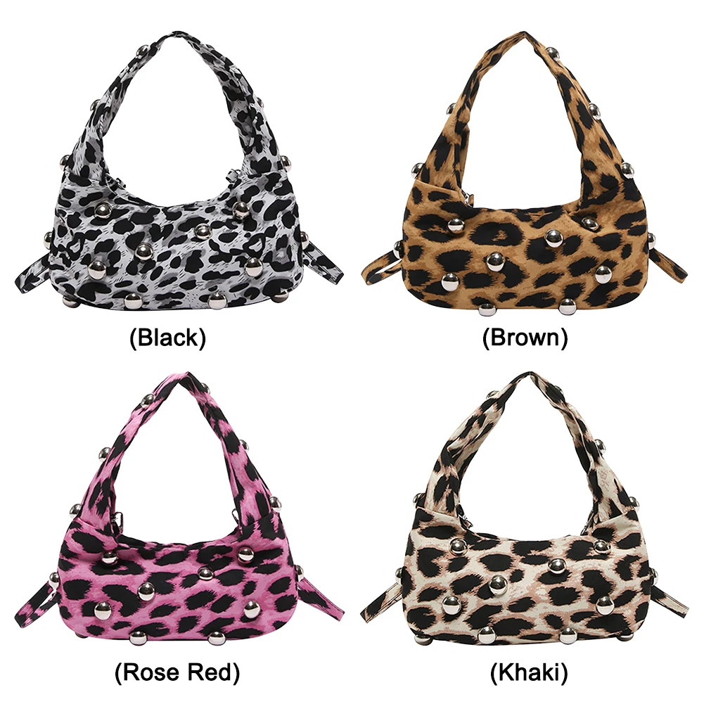 Women Rivet Leopard Tote Handbag Adjustable Strap Fashion Rivet Tote Bag Studded Satchel Bag Ladies Commute Bag