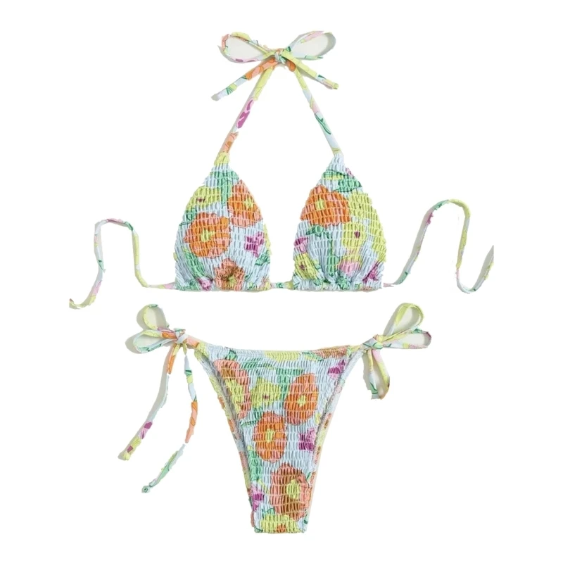 2024 New Womens Two-piece Soft Bag High Cut Bikinis Sexy Lacing Bathing Suits Thong Beachwear Colorful Printing Strappy Swimwear