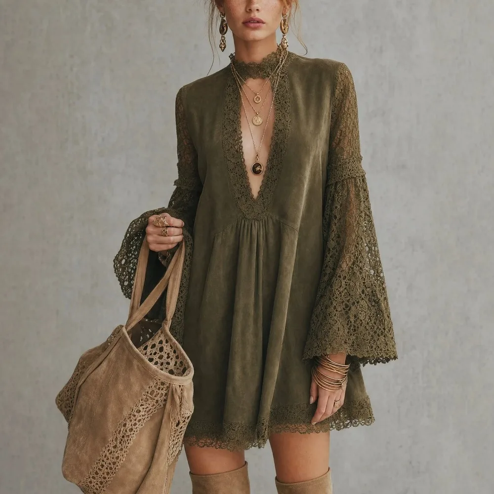 Image of Damen Europäisches Vintage Bohemian Mini-Kleid in Armeegrün mit Spitzenbesatz, V-Ausschnitt, ausgestellten Ärmeln, locker geschnittenes Babydoll-Kleid