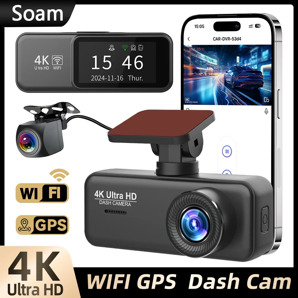 Soam 4K+1080P Dash Camera for Cars Front and Rear，170°Wide Angle，Precise GPS，Built-in WIFI，APP ，Night Vision，24H Parking Mode 