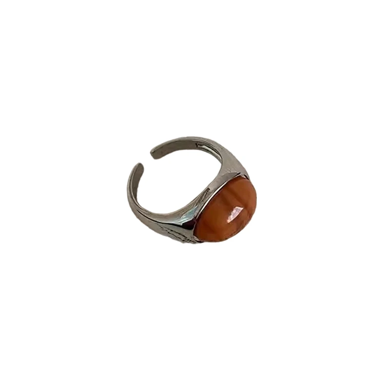 Minimalist Vintage Brown Opal Stone Rings For Women Girls Light Luxury Irregular Round Opening Ring Aesthetic Jewelry Gifts