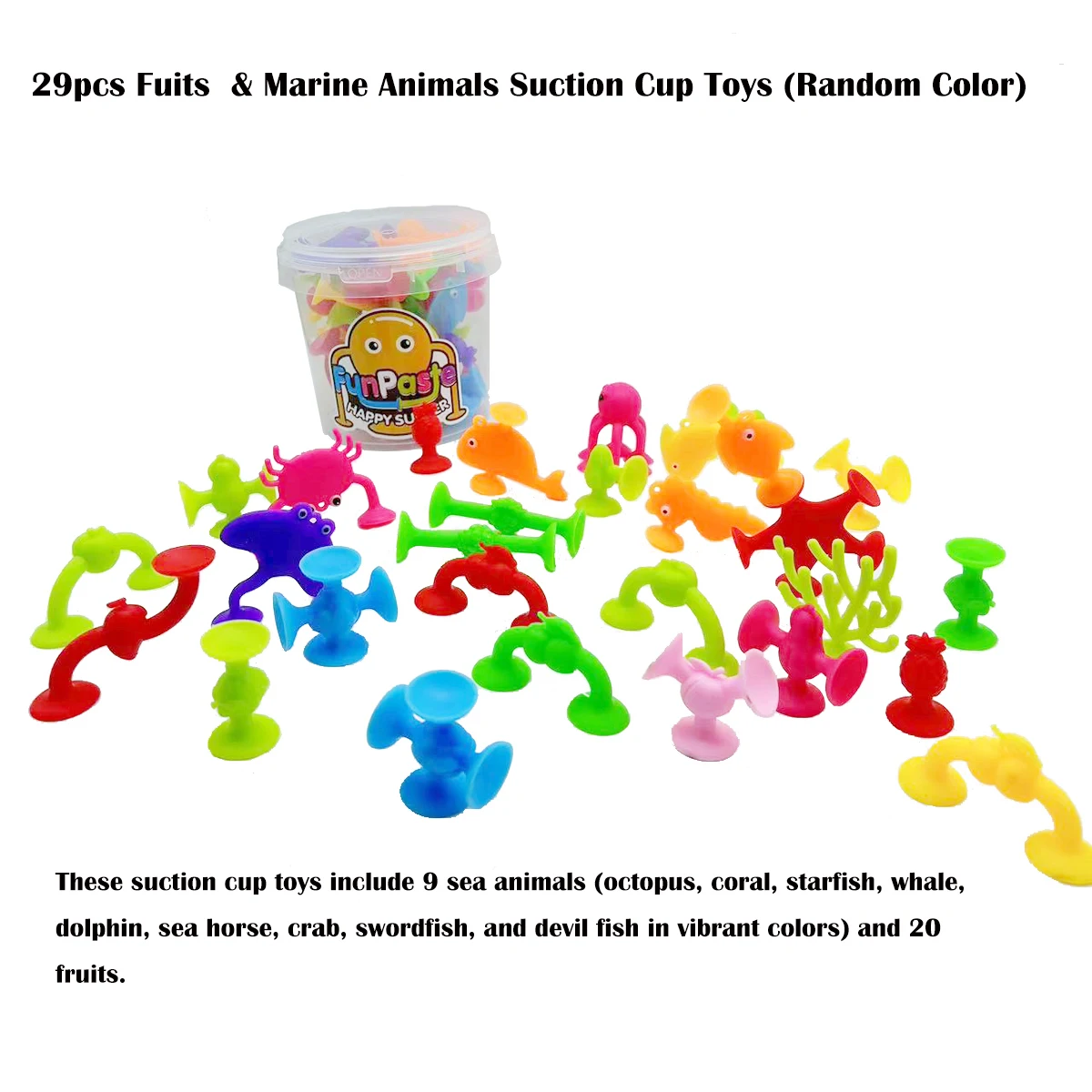 29pcs Sea Animals & Fruits Suction Cup Toys, With Bucket For Storage, Construction Toy For Kids, Bath Time And Travel  Toys