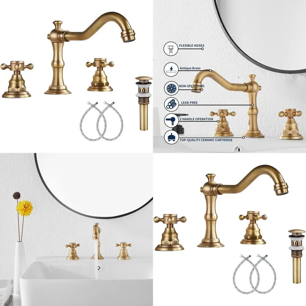 

8 Inch Antique Brass Widespread Sink Faucet with 2 Handles, 3 Holes, Pop-Up Drain and Overflow