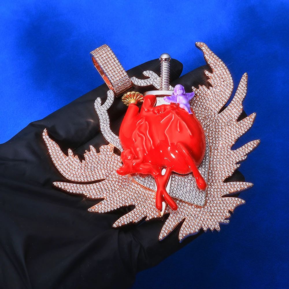 

ESKEEM Iced Out Blood Organ Arrow Wing Sword Pendant Necklace Hip Hop Jewelry Red Enamel Heart Pendant