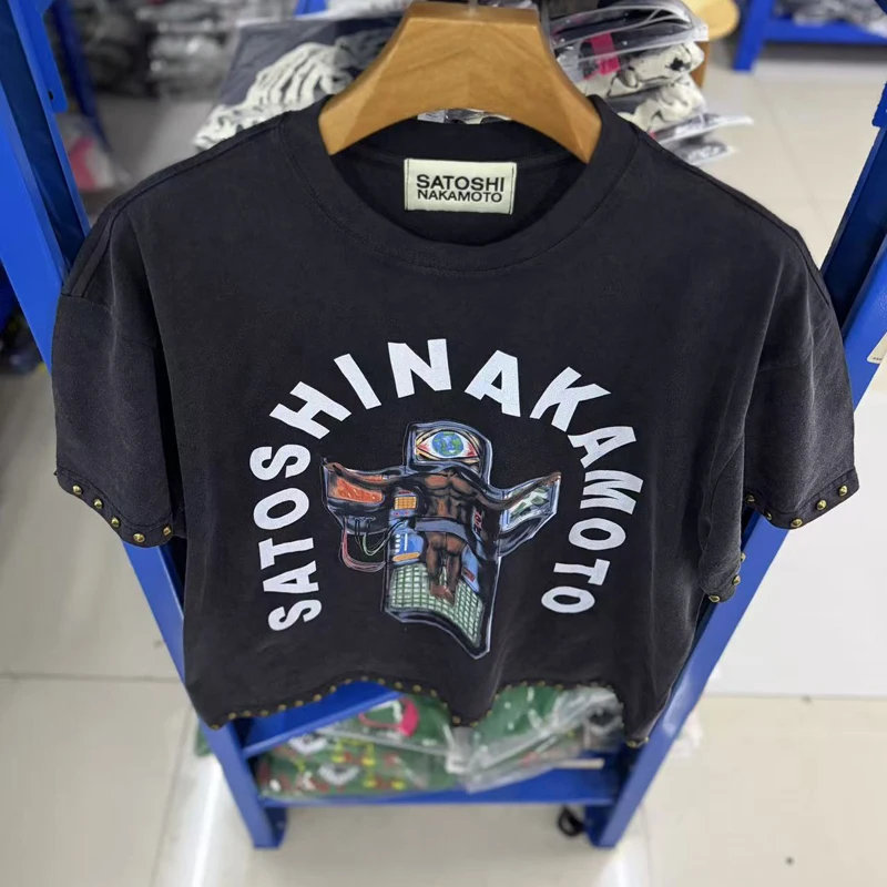 Streetwear Brand Men's Women's Satoshi Nakamoto Short Sleeved Retro Washed Black Distressed Hip Hop T-shirts