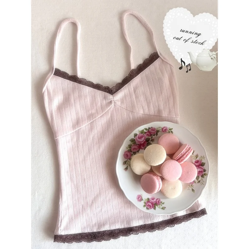 2026 Summer New Pink Vertical Pit Stripe Jacquard Lace Trim Camisole V-Neck Ruched Front Adjustable Straps Inner Top