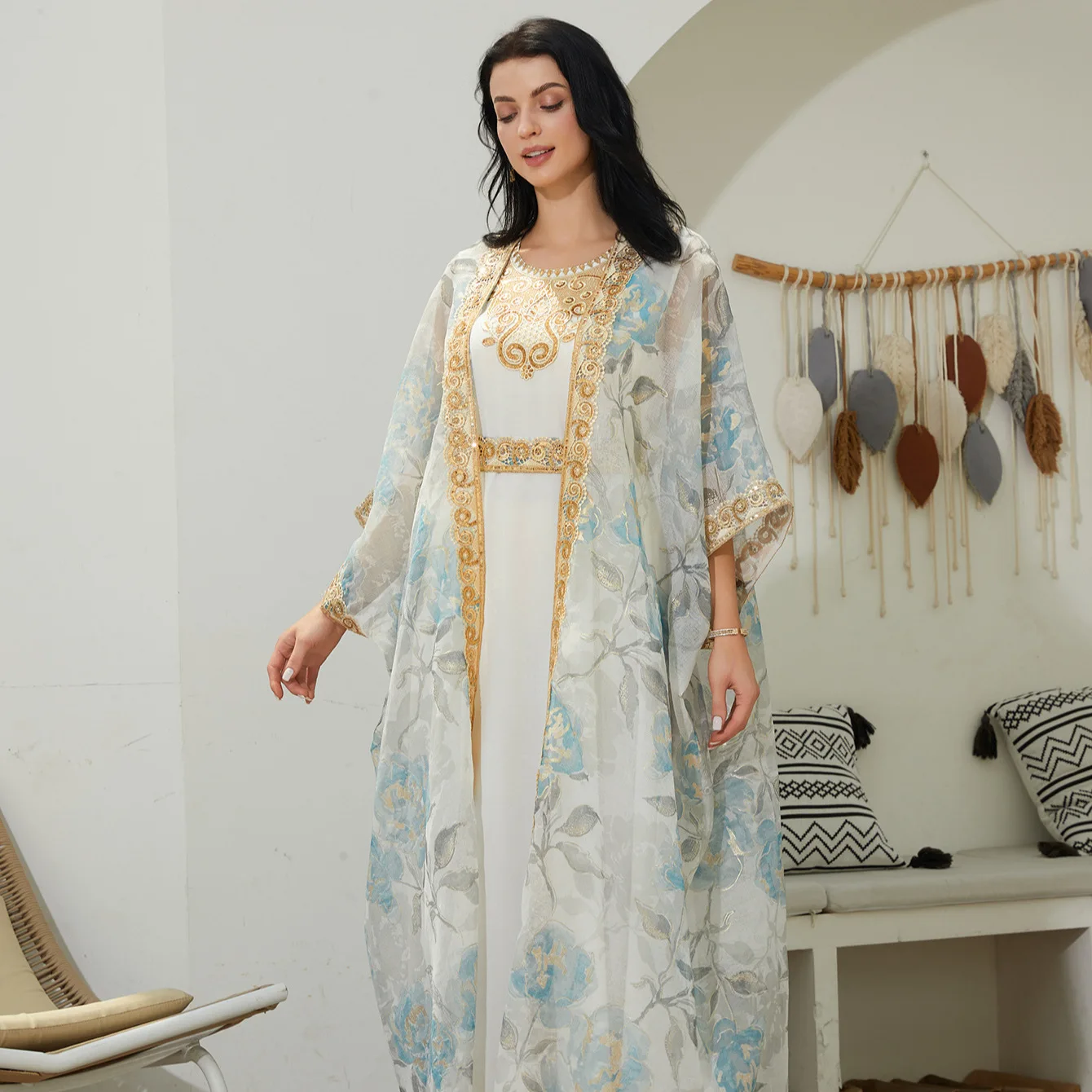 

Luxury Women's Muslim Sets Modest Summer Linen Blend Embroidery Abaya Dress Breathable Ethnic One Size Fits All Plus 3XL for Eid