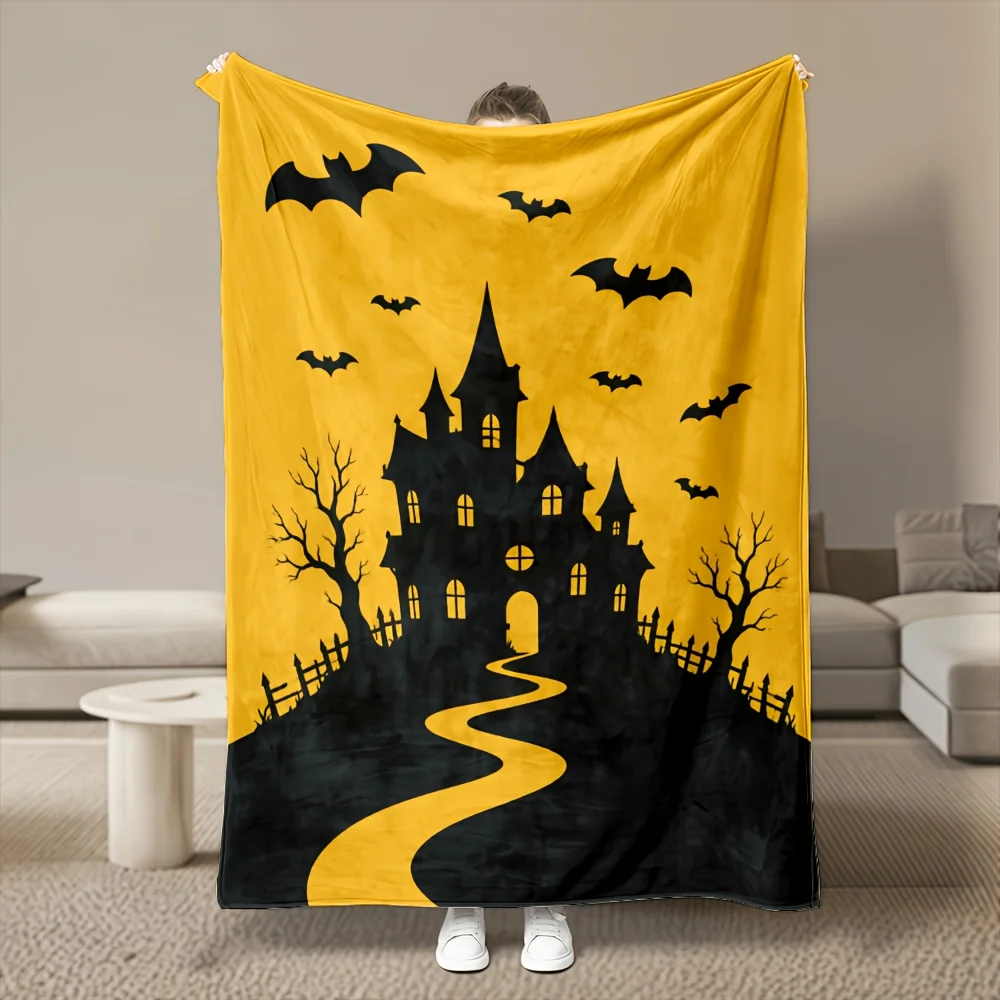 1pc Halloween Haunted House Silhouette Print 280GSM Flannel Throw Blanket, Ultra Soft Warm Cozy, Multi-Size, Machine Washable, Bedroom Sofa Office Dorm Car Travel Winter Gift
