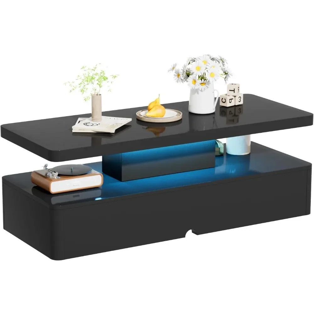 Table Basse Moderne avec 16 Couleurs LED, Design Double Couche pour Salon, Noir