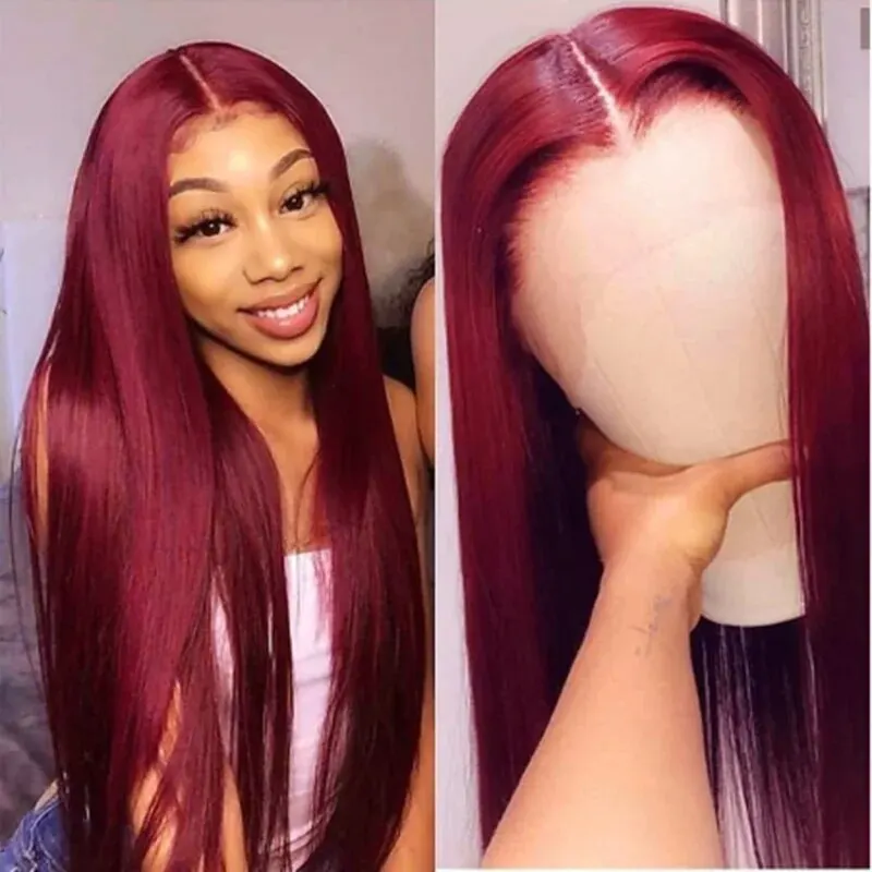 99J Burgundy Red 13x6 Lace Front Wig Human Hair Transparent Straight Lace Frontal Wig Colored Wigs For Women Brazilian Remy Hair