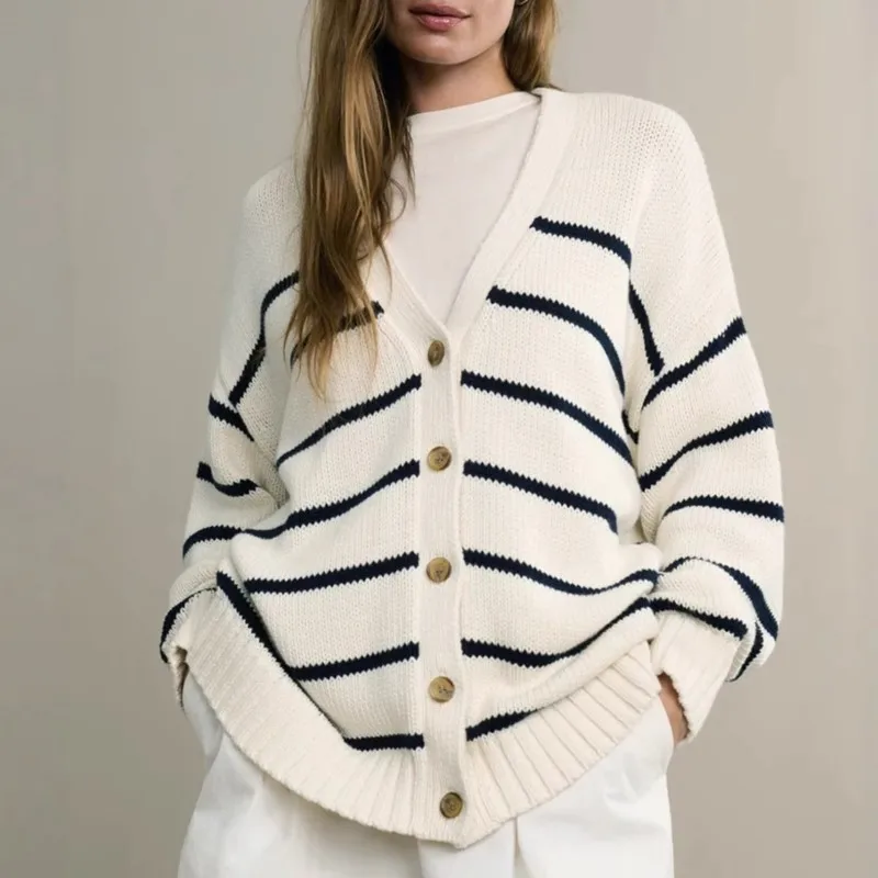 

New Women's Single-breasted Striped Knitted Cardigan V Neck Cotton Loose Fit Sweater Top Spring Autumn Casual Chic Knit Jacket