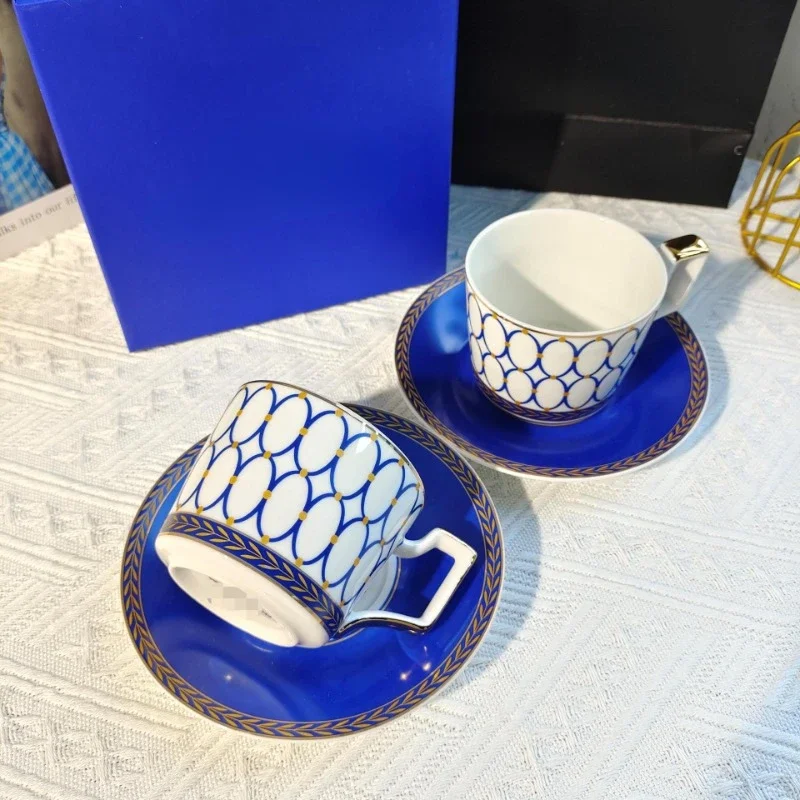 English Gemstone Blue Series Coffee Cup and Plate Set European Light Luxury Coffee Cup Set Exquisite Cup and Plate with Gift Box