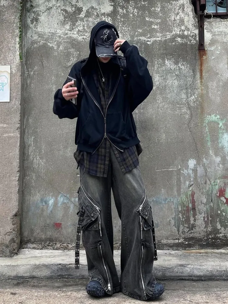 NO FAITH STUDIOS Dune Wasteland Wind Zipper Multi-Pocket Loose Straight Horn Tooling Jeans