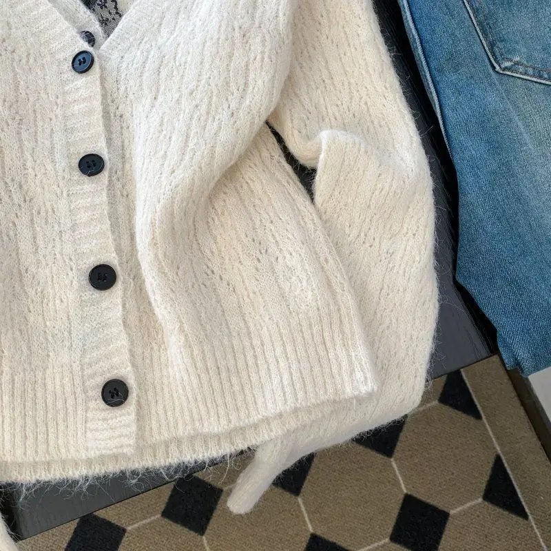 Dames gebroken wit V-hals kant patchwork mohair vest trui vintage jaren 2000 Y2k gebreide kleding lange mouwen kasjmier trui herfst