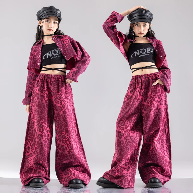 Kids Hip Hop Tops leopard pattern Streetwear Dance Cargo Pants Girls Perforamance Suit Children Jazz Costumes K-pop Clothes Set