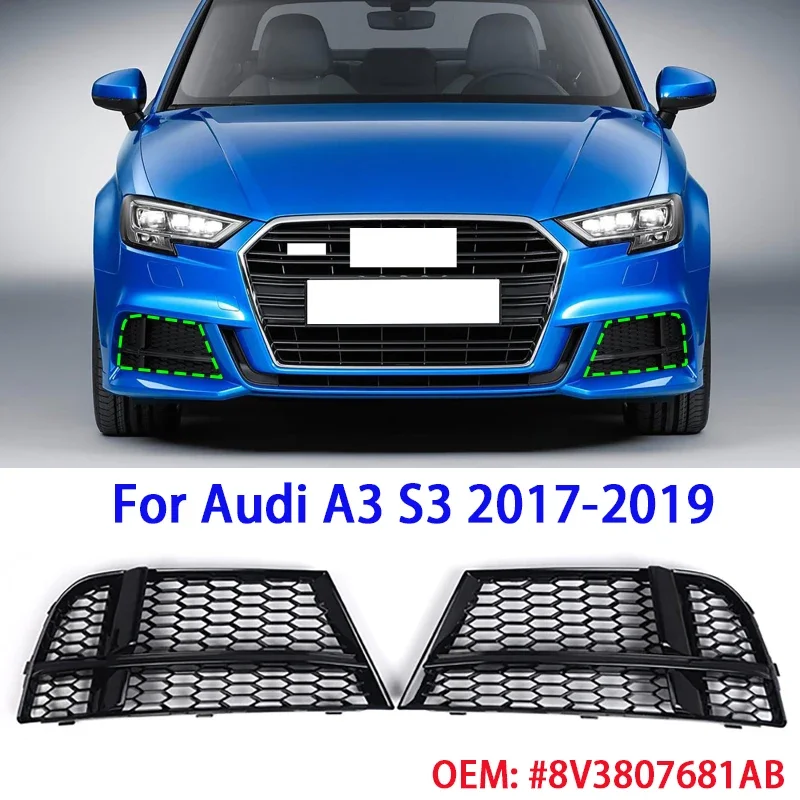 

2pcs/set Car Honeycomb Fog Lights Bezel Cover Trim for Audi A3 S3 2017-2019 #8V3807681AE