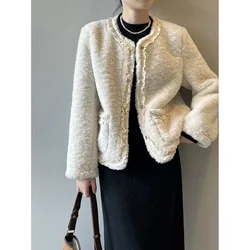High Quality Small Fragrance Fur Coat Women's Winter Lace O Neck Casual Loose Beige Dark Brown Sweet Fake Fur Lady Short Coat