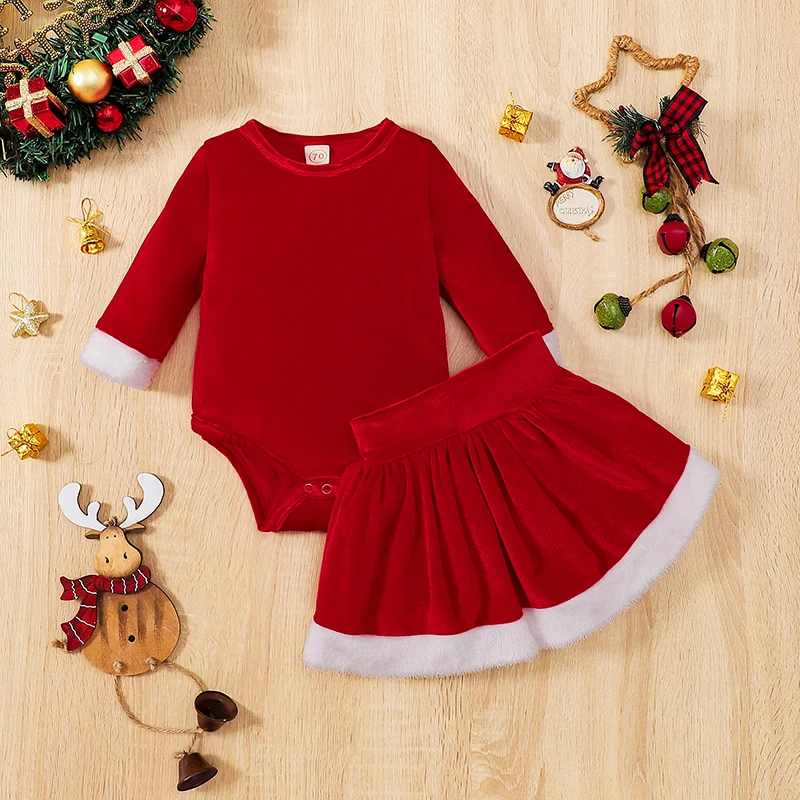 Toddler Girls Winter Outfit Festive Long Sleeve Romper with Flared Skirt and Crew Neck Christmas Holiday Set