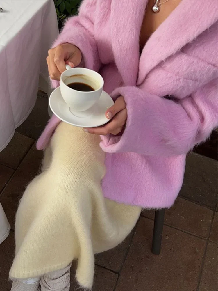 Chaqueta de lana rosa para mujer, abrigo cálido de manga larga con solapa y botonadura única, ropa de calle alta para Otoño e Invierno