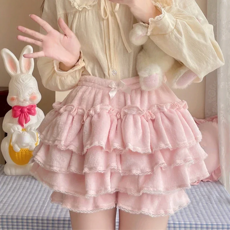 Jupes courtes Lolita Sweet pour femmes, culotte bouffante en peluche, culotte Kawaii japonaise, nœud en dentelle, pantalon de sécurité, Harajuku, Y2K, automne, hiver