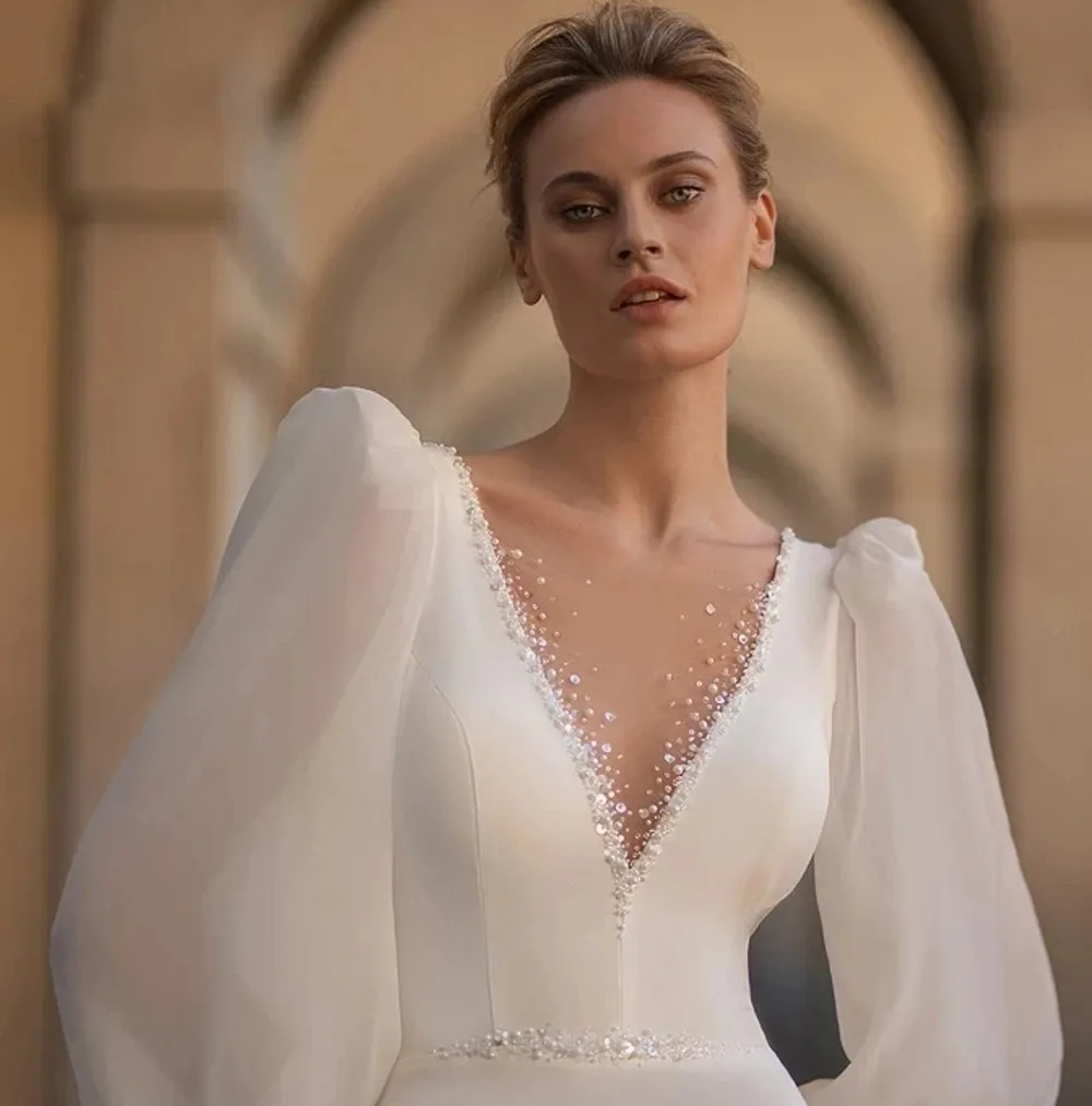 Elegant Wedding Dress Mermaid Bridal Gown V Neck Full Puff Sleeves Beading Open Back Satin Woman Bride Dresses Robe Mariage