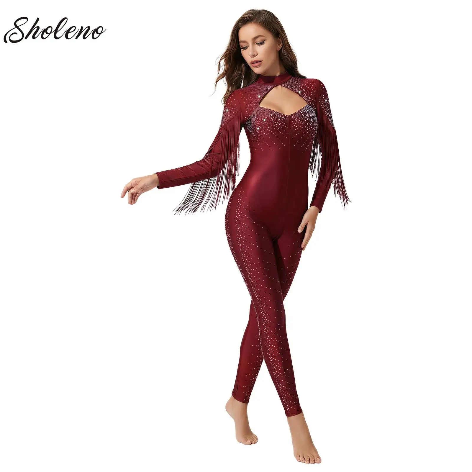 

Women Gymnastics Ballet Dance Figure Skating Glittery Rhinestone Jumpsuit Long Sleeve Tassel Leggings One-piece Rompers Bodysuit