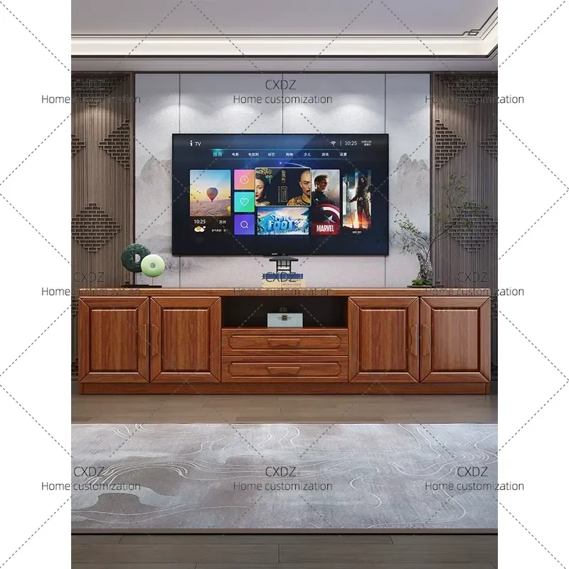 Walnut Solid Wood TV Cabinet and Coffee Table Combo for Living Room Rural Home Small Apartment Floor Storage Locker