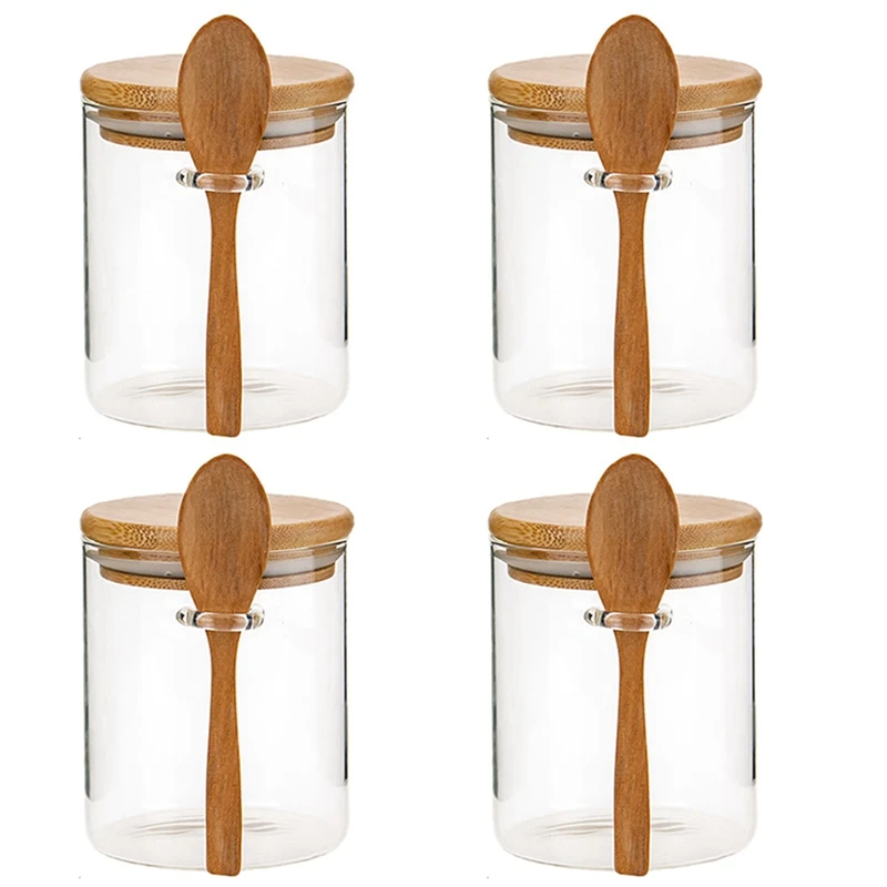 4X Glass Food Airtight Canister Castor Twist Lid Kitchen Candy Storage Tank Jar Bamboo Food Container With Wooden Spoon