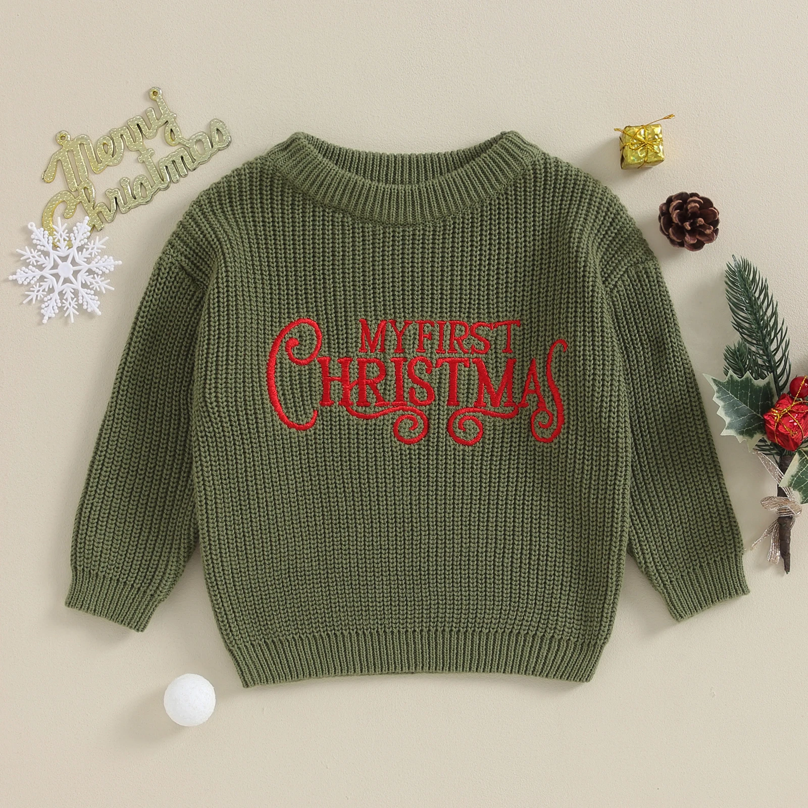 0-24Months Baby Girls Boys Christmas Knit Sweater Fall Clothes Long Sleeve Letter Embroidery Pullover Knitwear Xmas Warm Clothes