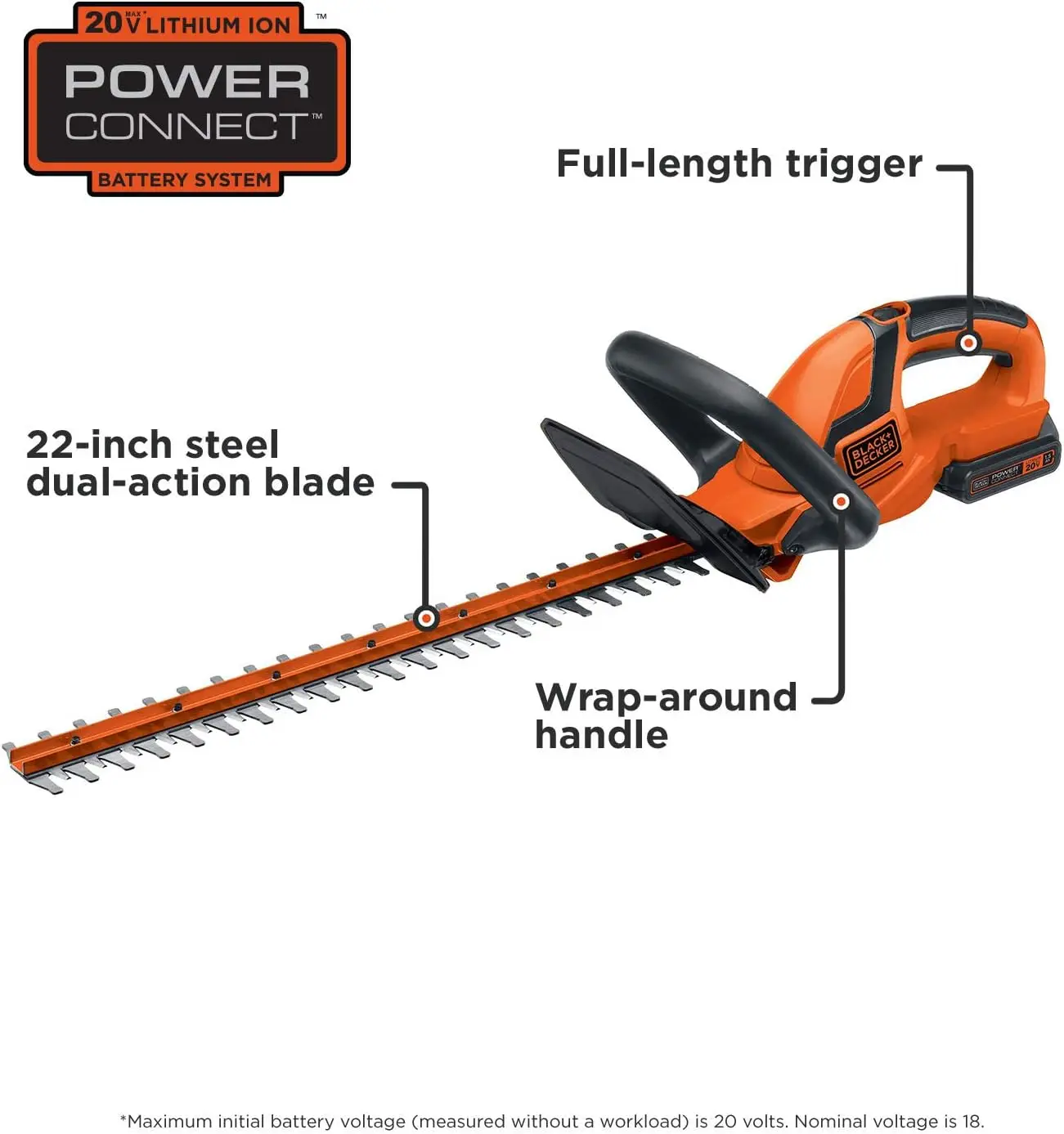 20V MAX Cordless Hedge Trimmer, 22 Inch Steel Blade, Reduced Vibration, Battery and Charger Included (LHT2220)