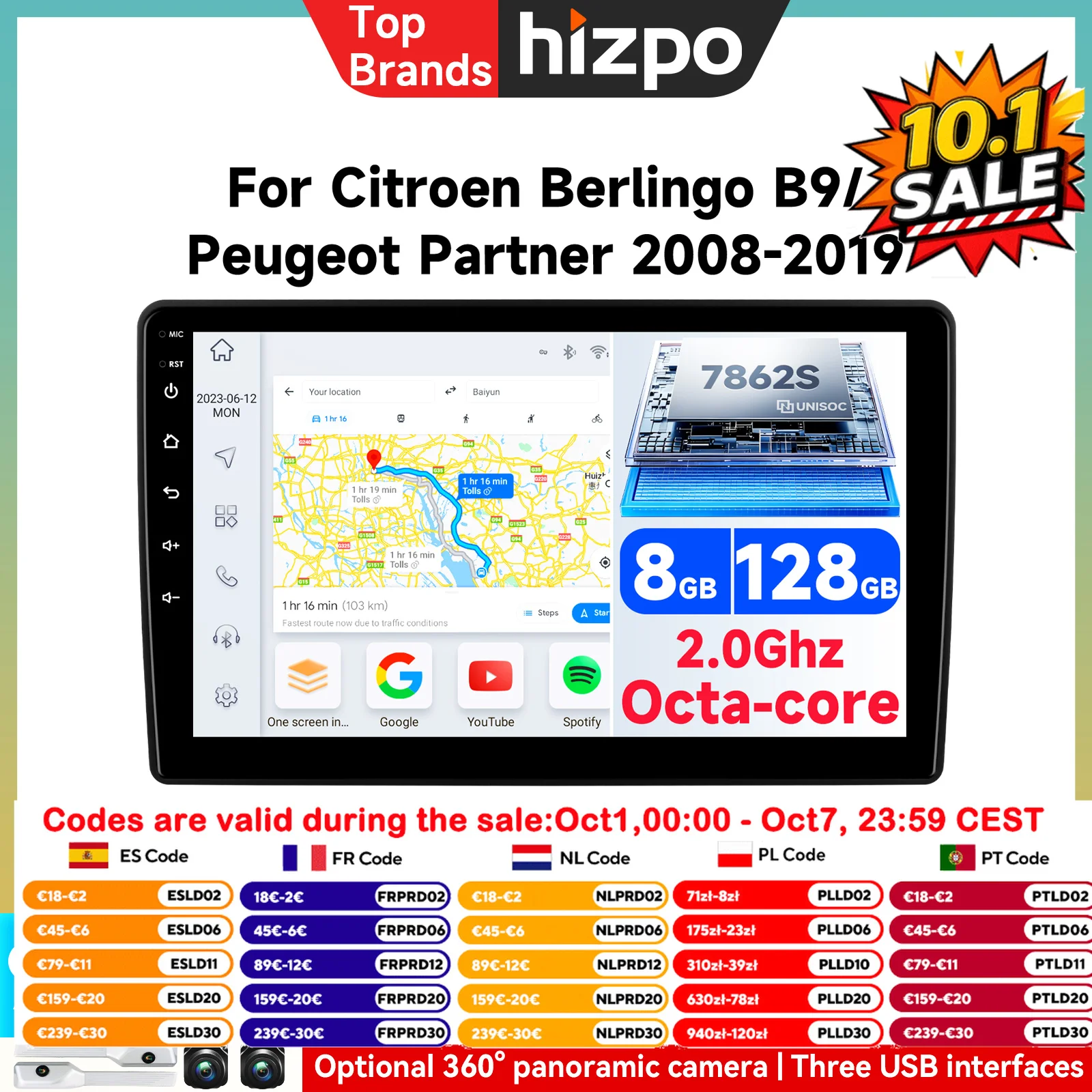 Autoradio CarPlay Android Auto per Citroen Berlingo B9 Peugeot Partner 2008 - 2019 Navigatore GPS Lettore Multimediale 2 din Stereo